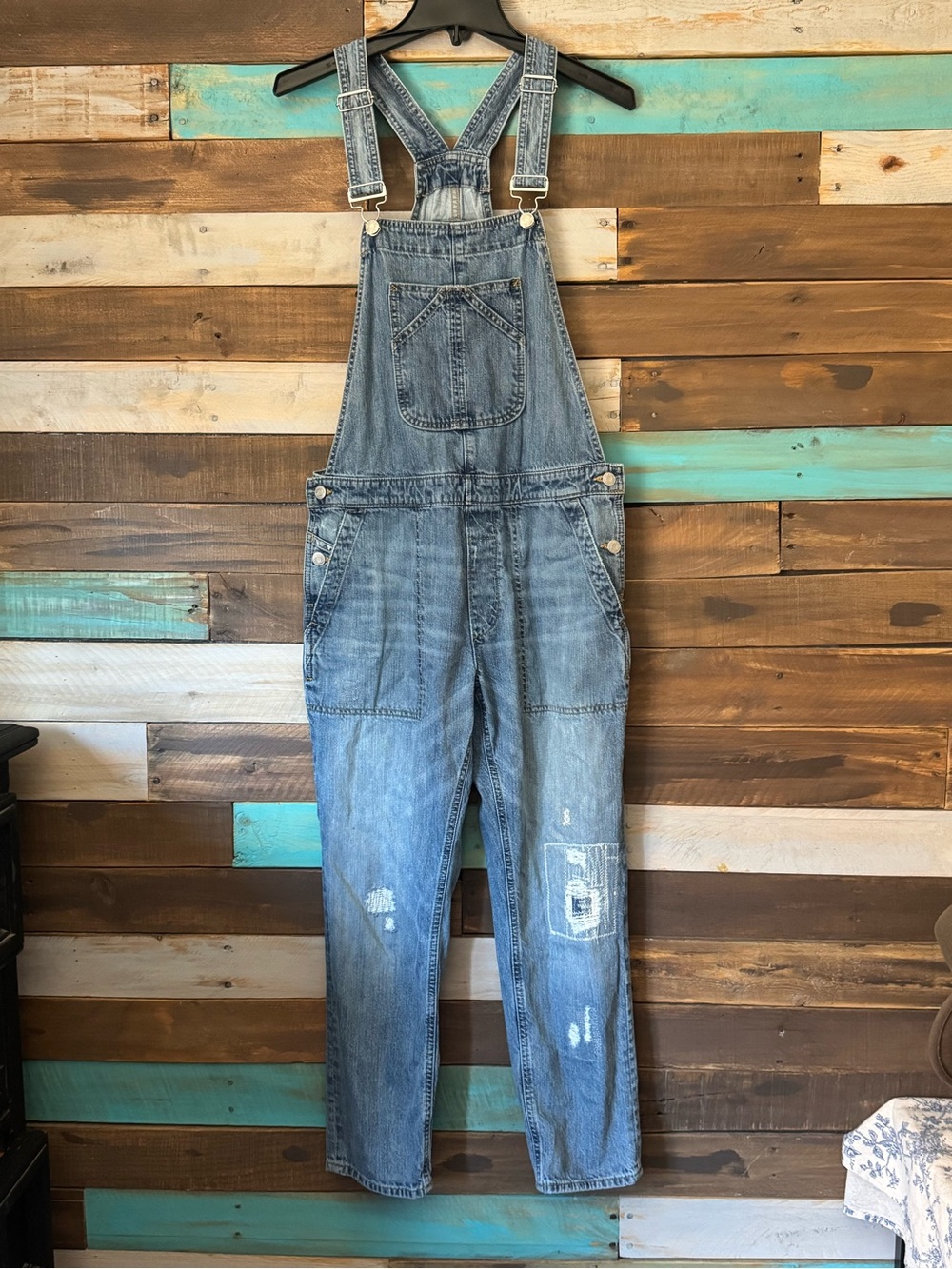 GAP 1969 Distressed Patchwork Denim Overalls Light Wash Cotton Bib | Size S